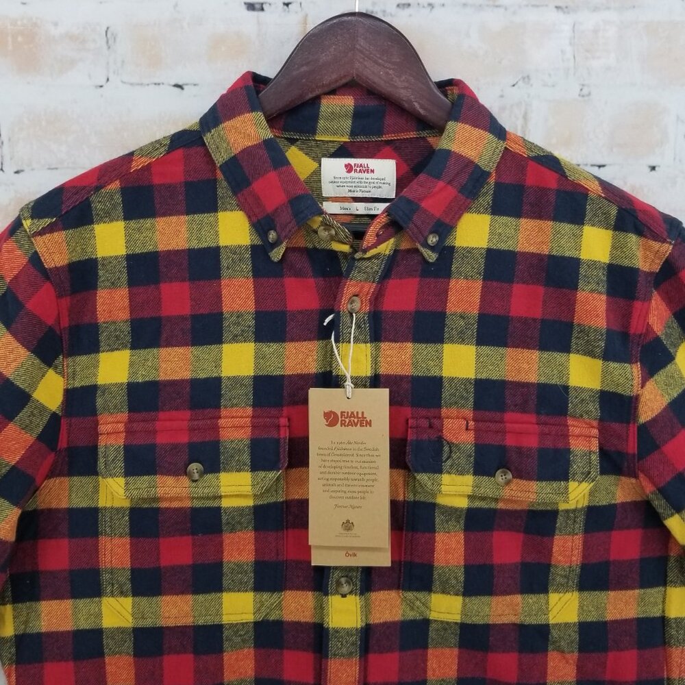 Fjällräven Skog Button Up Shirt Mens Large Slim Fit True Red Plaid NWT